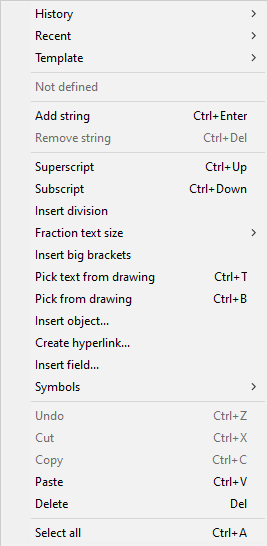 CAD drafting Context menu entry fields 0